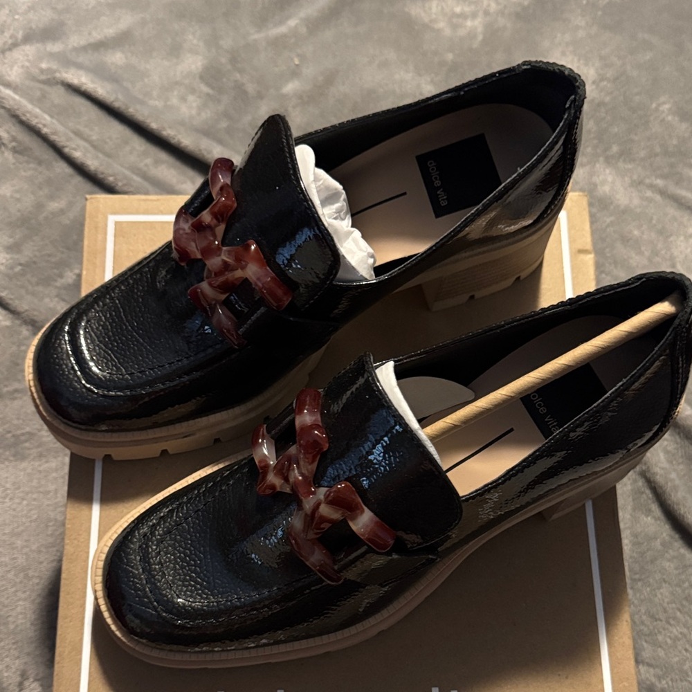 Dolce Vita Black Patent Loafers with Red Detail